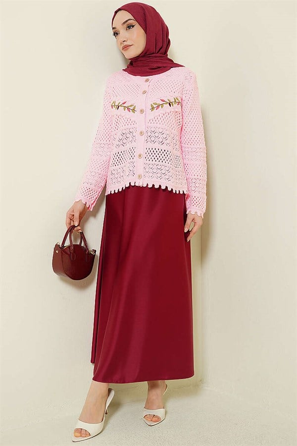 Leaf Embroidered Openwork Short Knit Cardigan Pink