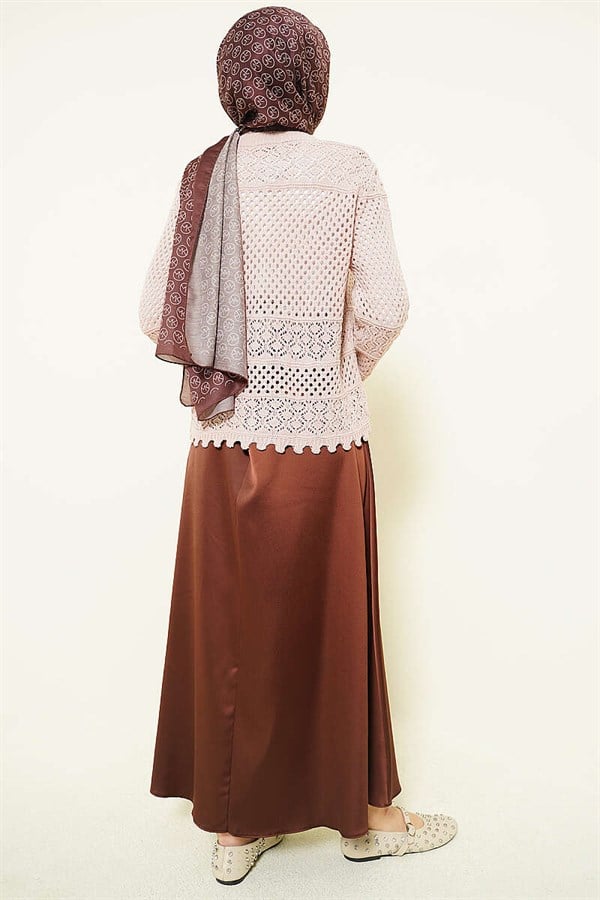 Leaf Embroidered Openwork Short Knit Cardigan Powder Pink