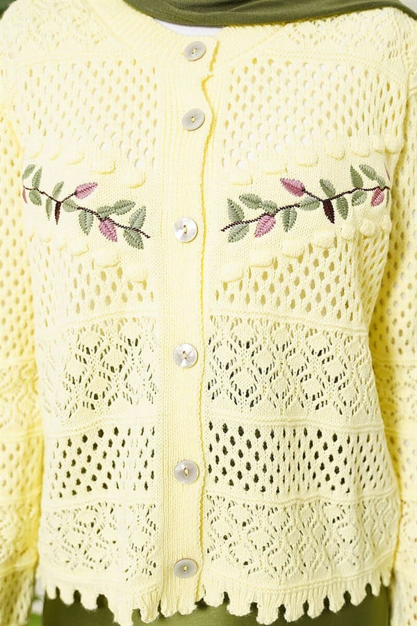 Leaf Embroidered Openwork Short Knit Cardigan, Yellow