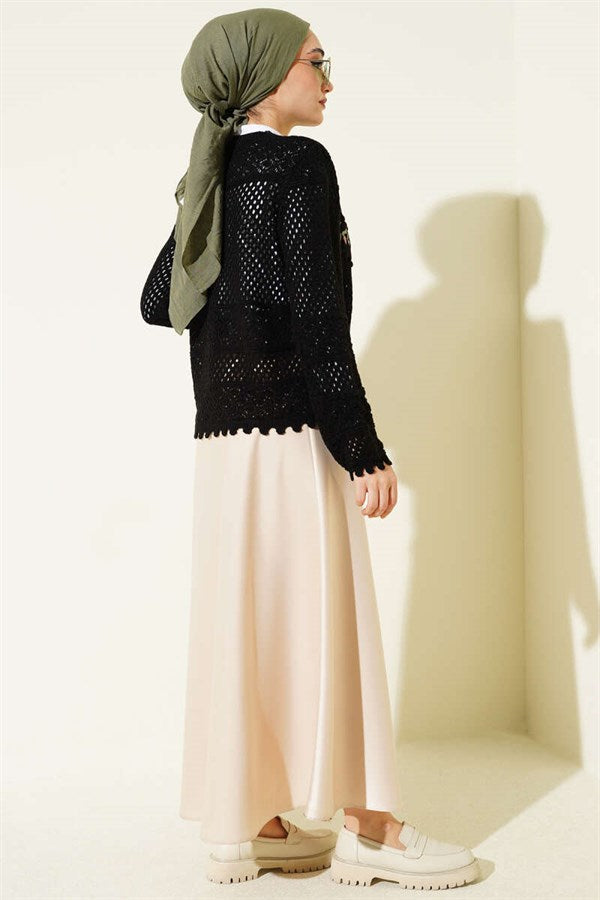Leaf Embroidered Openwork Short Knit Cardigan, Black