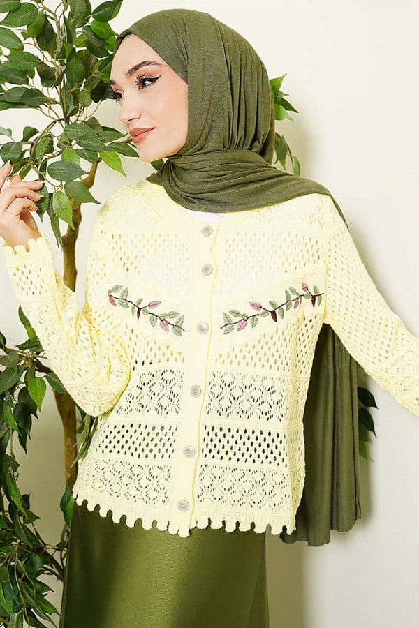Leaf Embroidered Openwork Short Knit Cardigan, Yellow