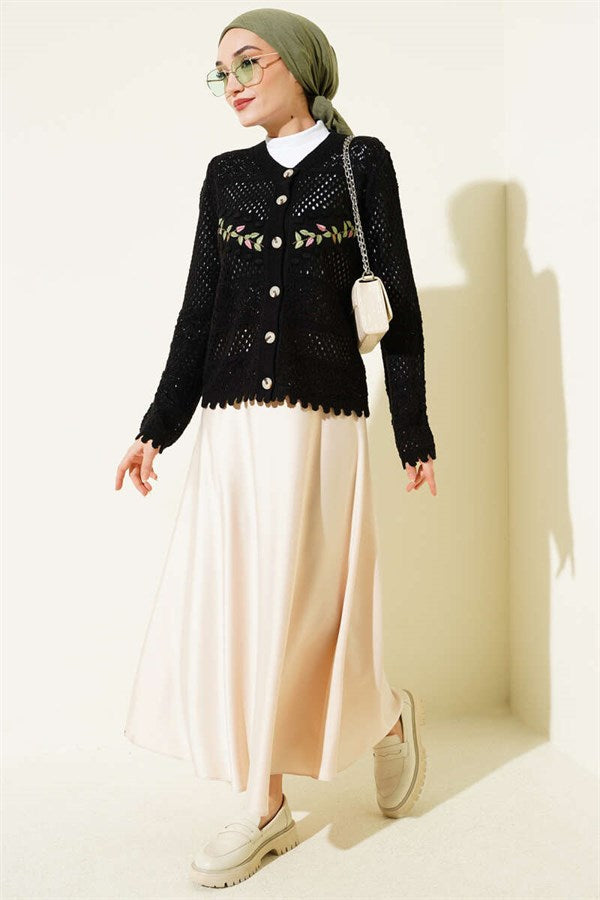 Leaf Embroidered Openwork Short Knit Cardigan, Black