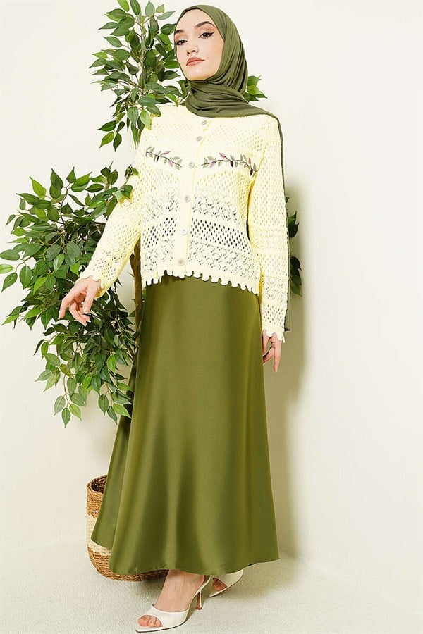 Leaf Embroidered Openwork Short Knit Cardigan, Yellow