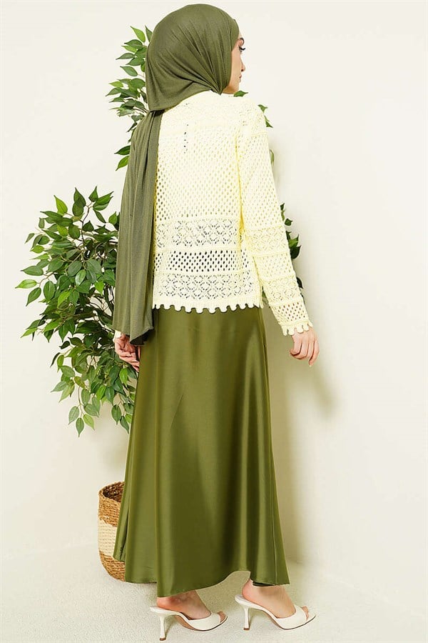 Leaf Embroidered Openwork Short Knit Cardigan, Yellow