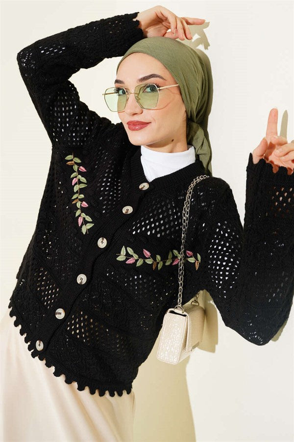 Leaf Embroidered Openwork Short Knit Cardigan, Black