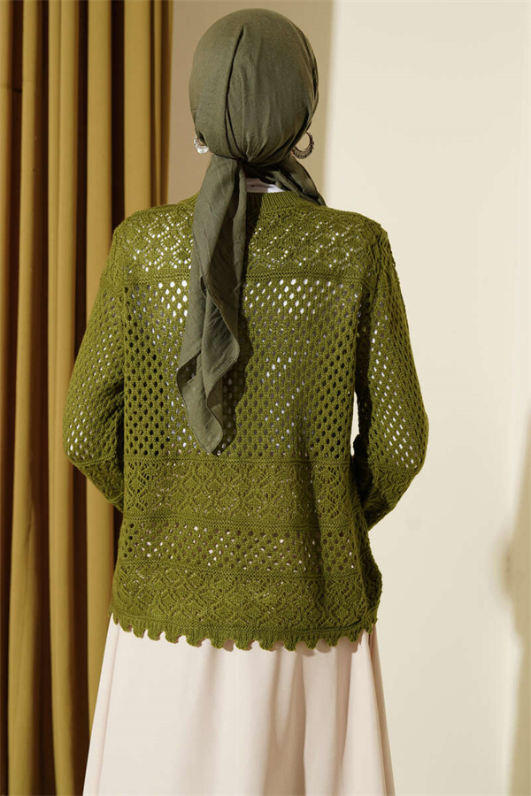 Leaf Embroidered Openwork Short Knit Cardigan Green