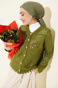 Leaf Embroidered Openwork Short Knit Cardigan Green