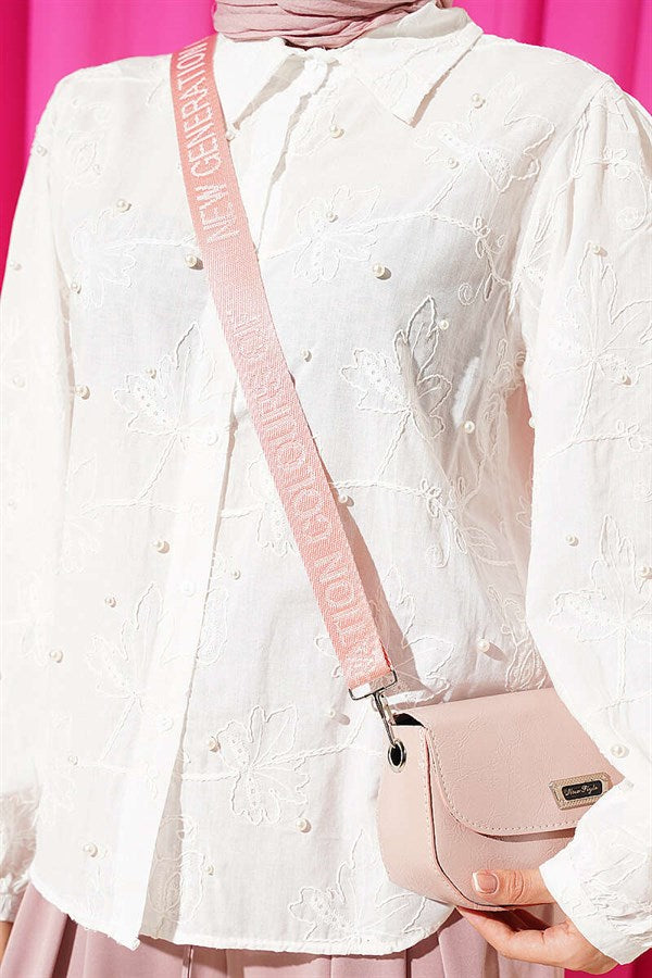Leaf Embroidered Pearl Shirt, Ecru