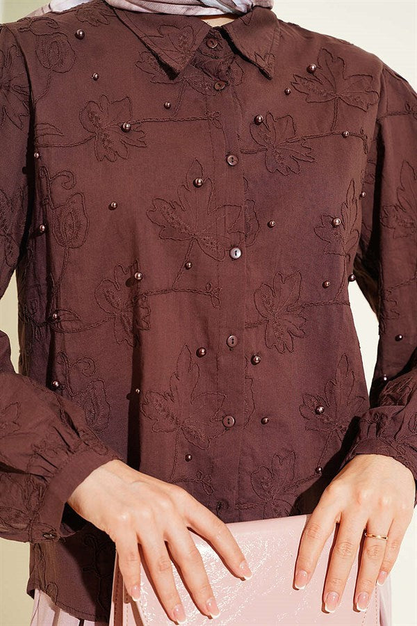 Leaf Embroidered Pearl Shirt Coffee