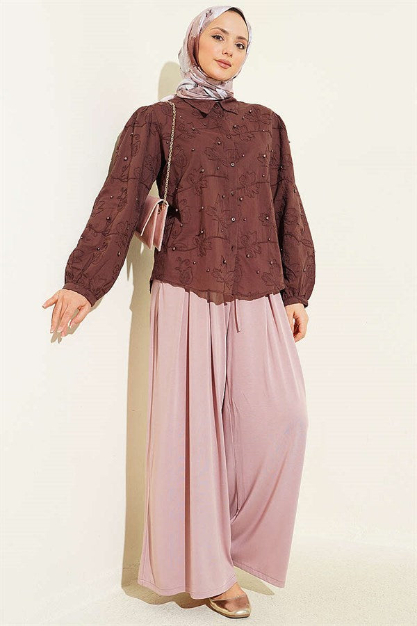 Leaf Embroidered Pearl Shirt Coffee