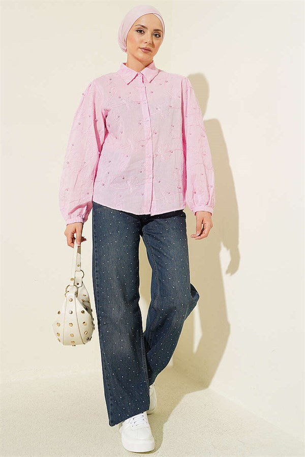 Pink Pearl Embroidered Shirt with Leaf Embroidery