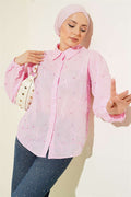 Pink Pearl Embroidered Shirt with Leaf Embroidery