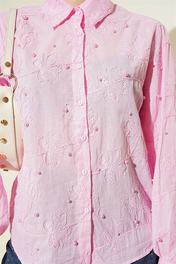 Pink Pearl Embroidered Shirt with Leaf Embroidery
