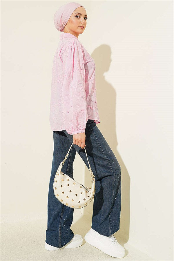 Pink Pearl Embroidered Shirt with Leaf Embroidery