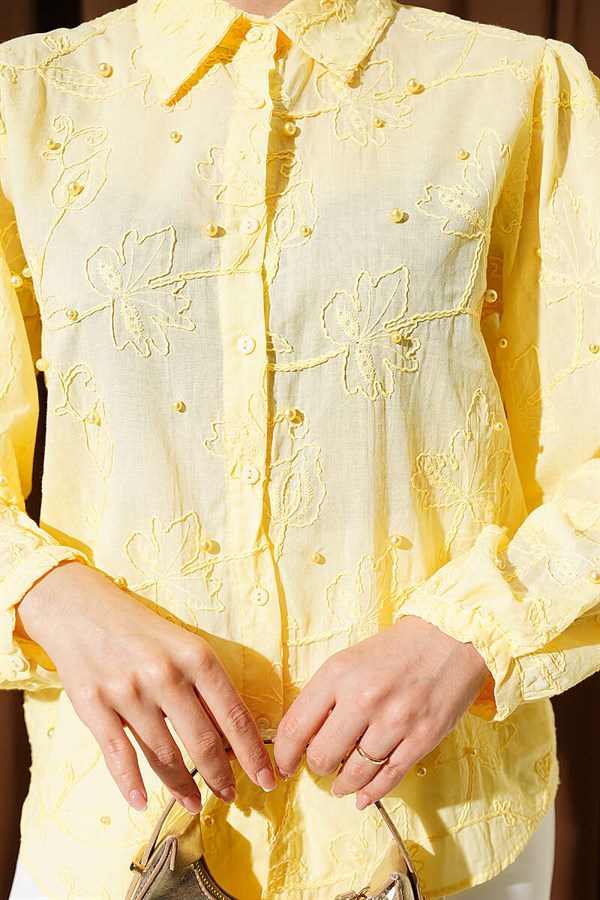 Leaf Embroidered Pearl Shirt Yellow