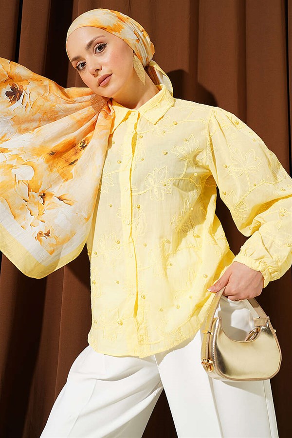 Leaf Embroidered Pearl Shirt Yellow