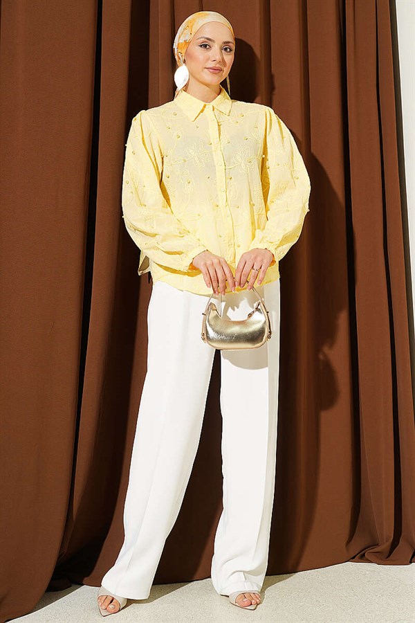 Leaf Embroidered Pearl Shirt Yellow