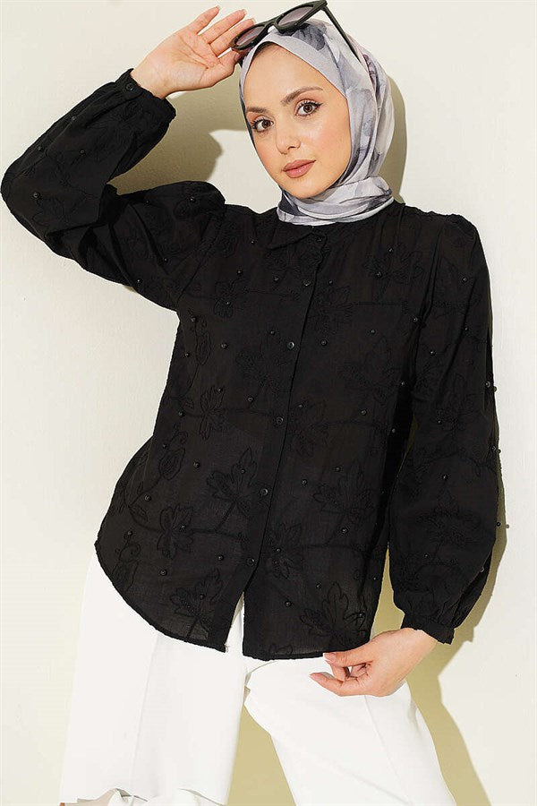 Leaf Embroidered Pearl Shirt, Black