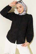 Leaf Embroidered Pearl Shirt, Black