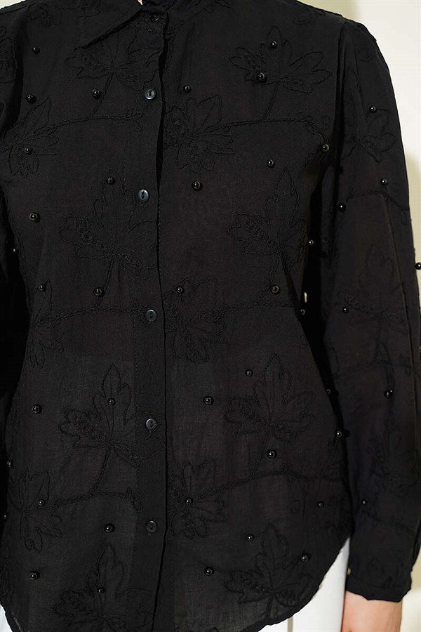 Leaf Embroidered Pearl Shirt, Black