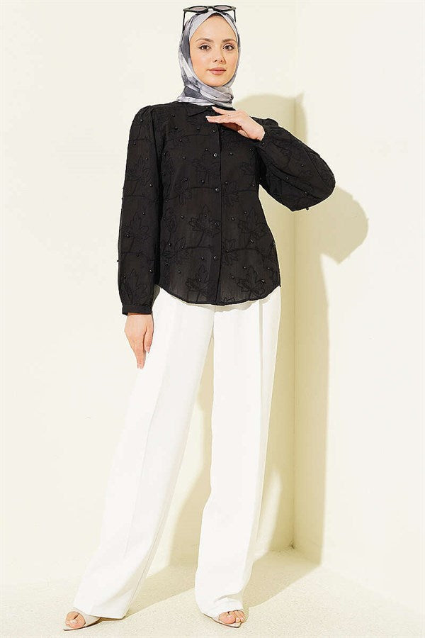 Leaf Embroidered Pearl Shirt, Black