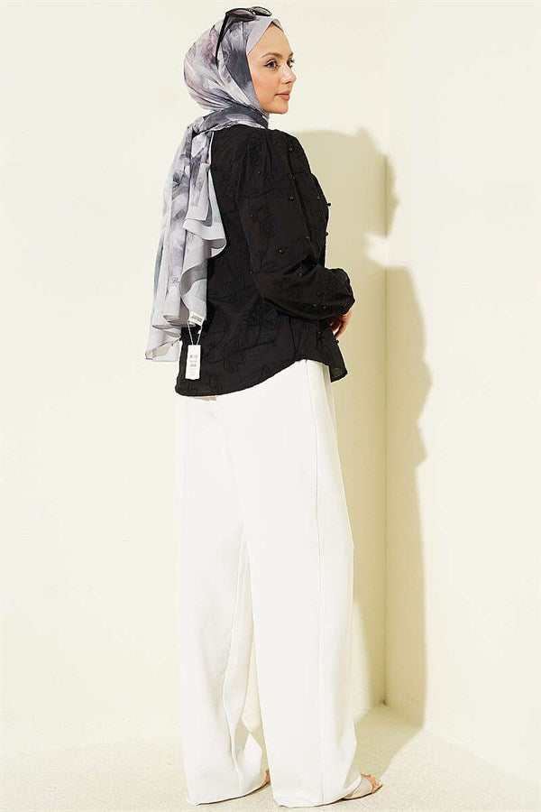Leaf Embroidered Pearl Shirt, Black