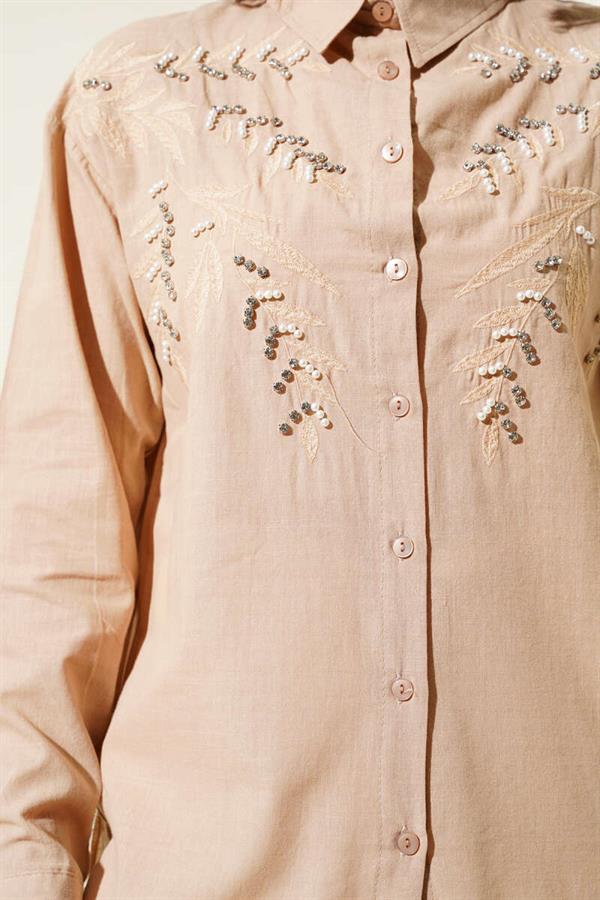Leaf Embroidered Stoned Shirt Latte