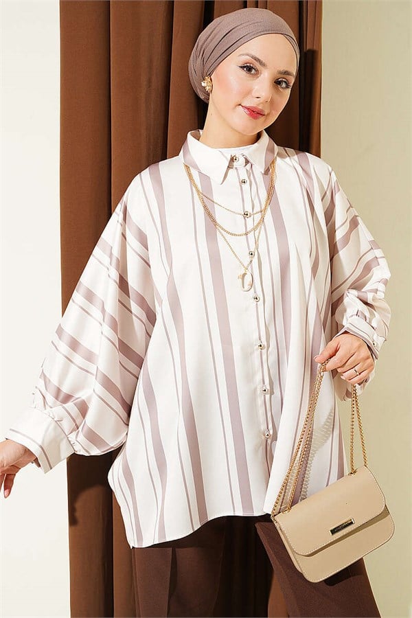Batwing Sleeve Asymmetrical Striped Satin Shirt, Mink