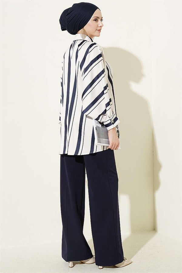 Batwing Sleeve Asymmetrical Striped Satin Shirt Navy Blue
