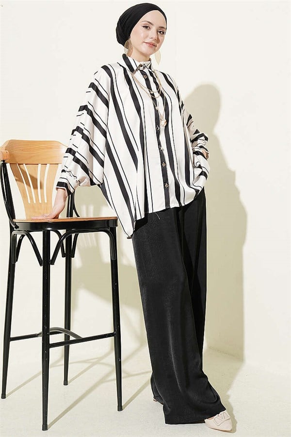 Batwing Sleeve Asymmetrical Striped Satin Shirt Black