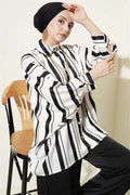 Batwing Sleeve Asymmetrical Striped Satin Shirt Black