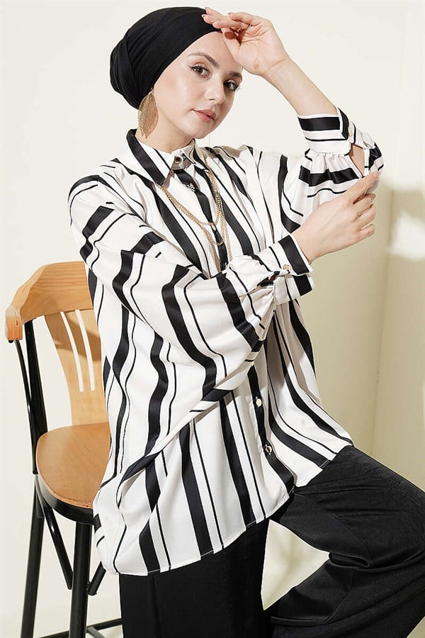 Batwing Sleeve Asymmetrical Striped Satin Shirt Black