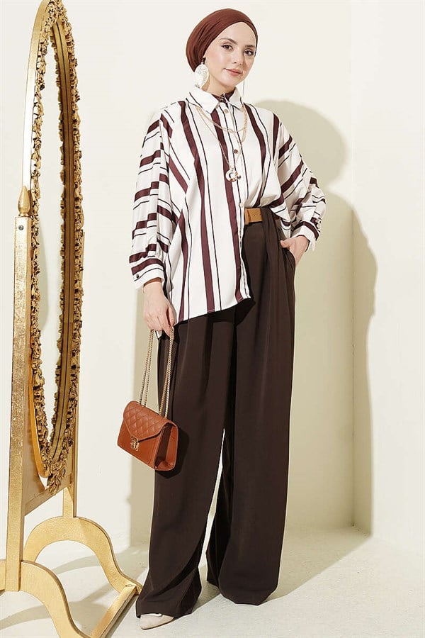 Batwing Sleeve Asymmetrical Striped Satin Shirt, Brown