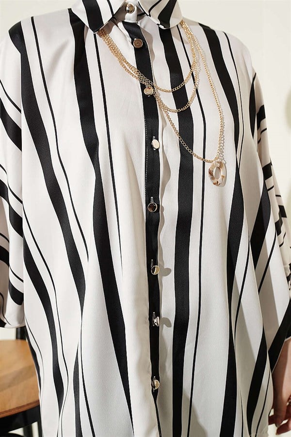 Batwing Sleeve Asymmetrical Striped Satin Shirt Black