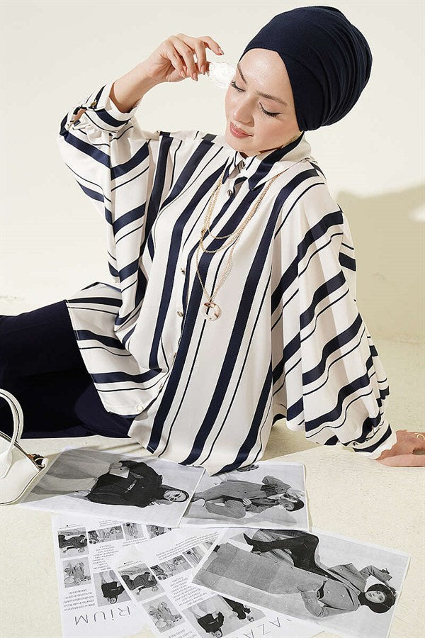 Batwing Sleeve Asymmetrical Striped Satin Shirt Navy Blue
