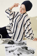 Batwing Sleeve Asymmetrical Striped Satin Shirt Navy Blue