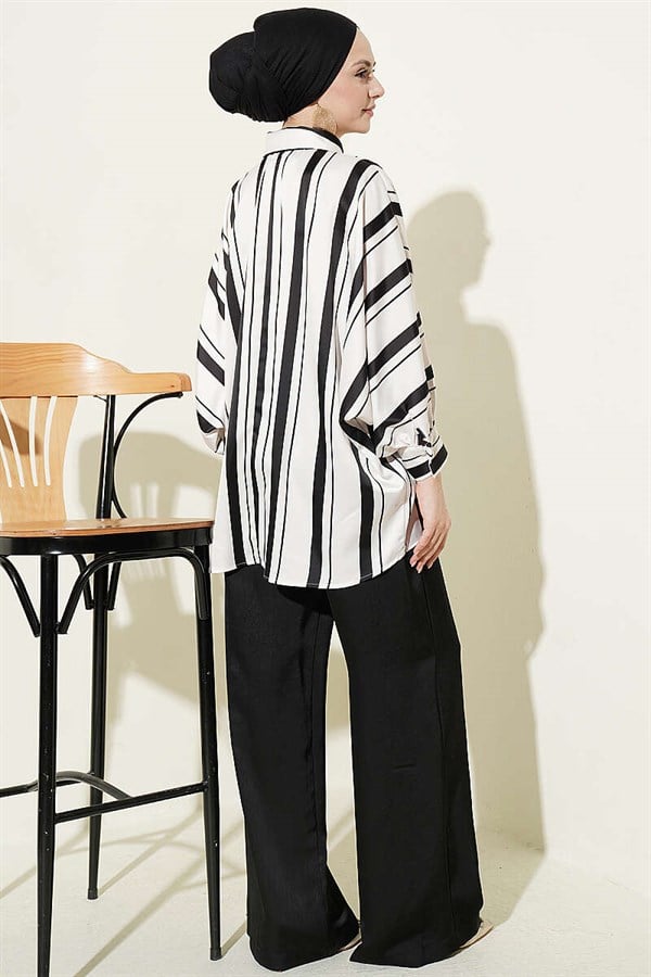 Batwing Sleeve Asymmetrical Striped Satin Shirt Black