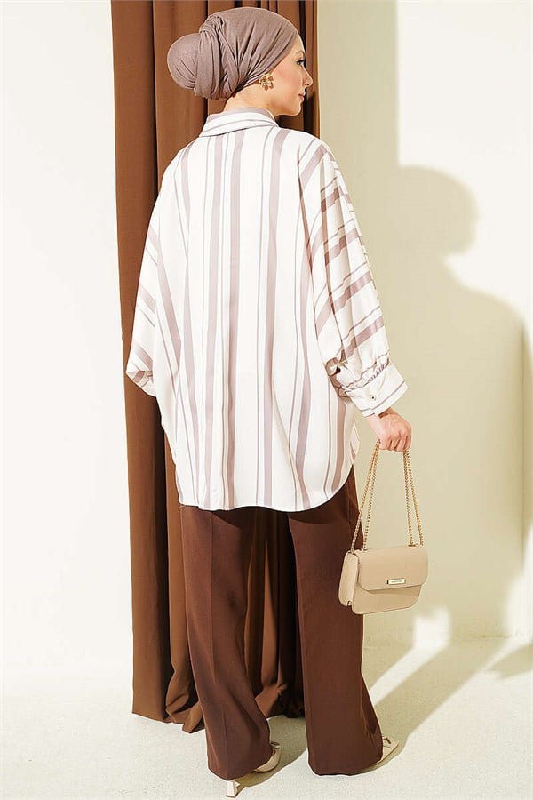 Batwing Sleeve Asymmetrical Striped Satin Shirt, Mink