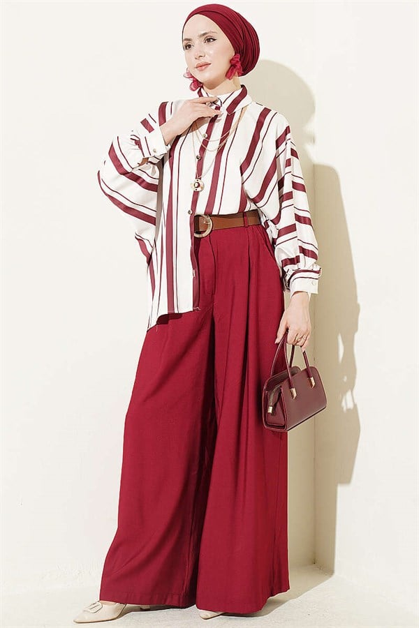 Batwing Sleeve Asymmetrical Striped Satin Shirt Burgundy
