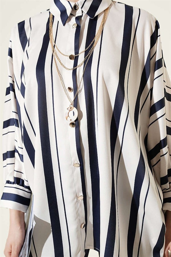 Batwing Sleeve Asymmetrical Striped Satin Shirt Navy Blue