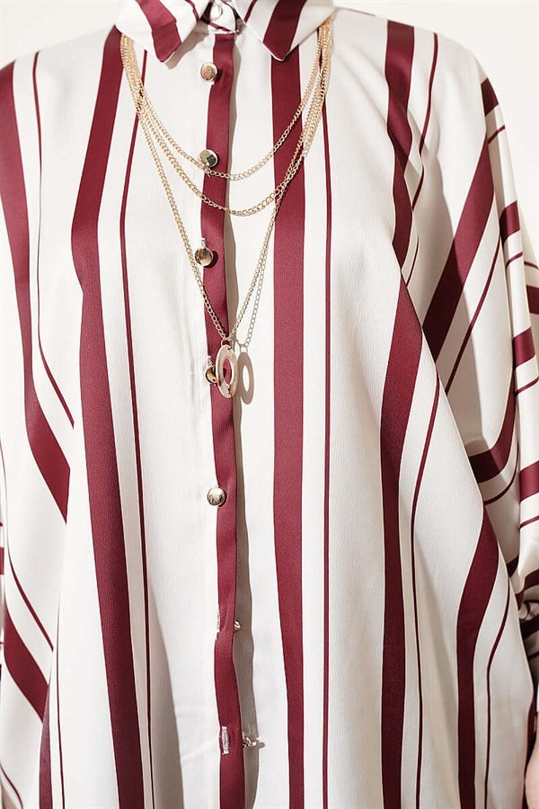 Batwing Sleeve Asymmetrical Striped Satin Shirt Burgundy