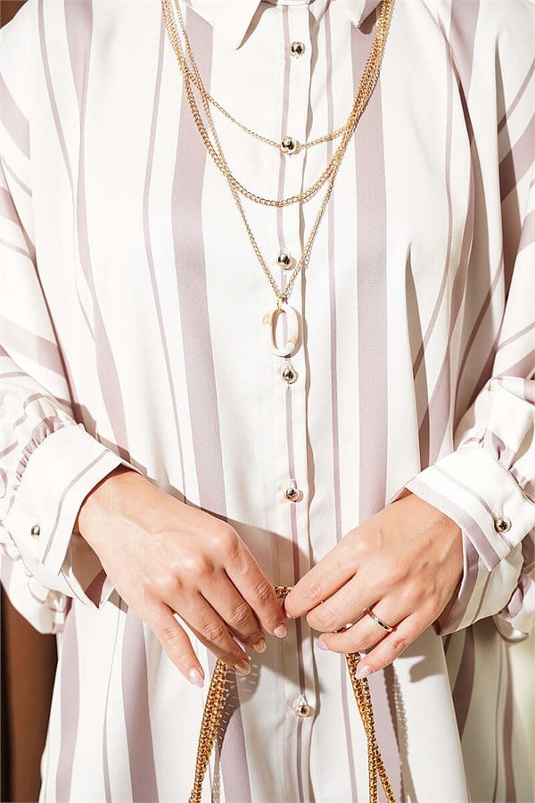 Batwing Sleeve Asymmetrical Striped Satin Shirt, Mink