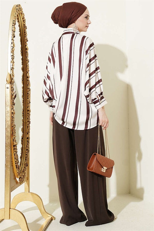 Batwing Sleeve Asymmetrical Striped Satin Shirt, Brown