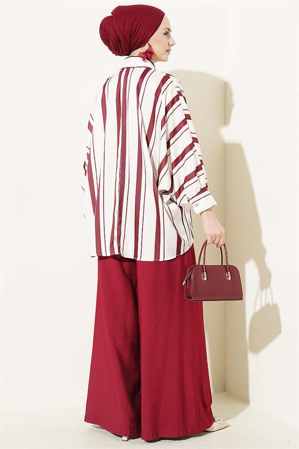 Batwing Sleeve Asymmetrical Striped Satin Shirt Burgundy