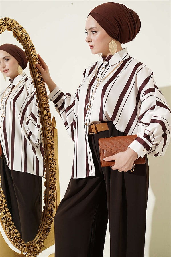 Batwing Sleeve Asymmetrical Striped Satin Shirt, Brown