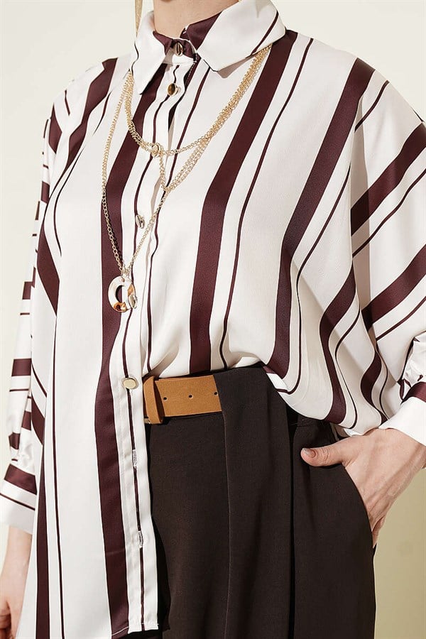 Batwing Sleeve Asymmetrical Striped Satin Shirt, Brown