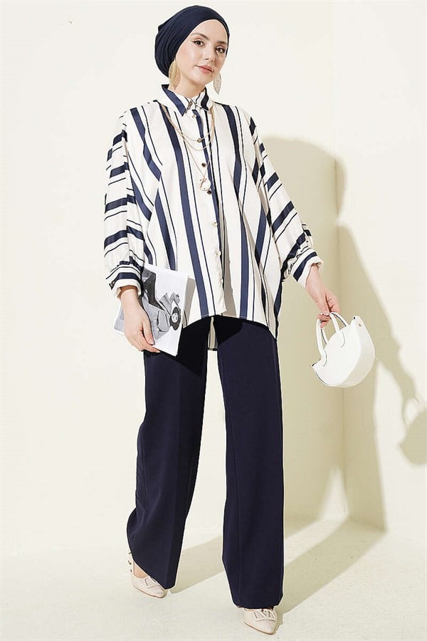 Batwing Sleeve Asymmetrical Striped Satin Shirt Navy Blue