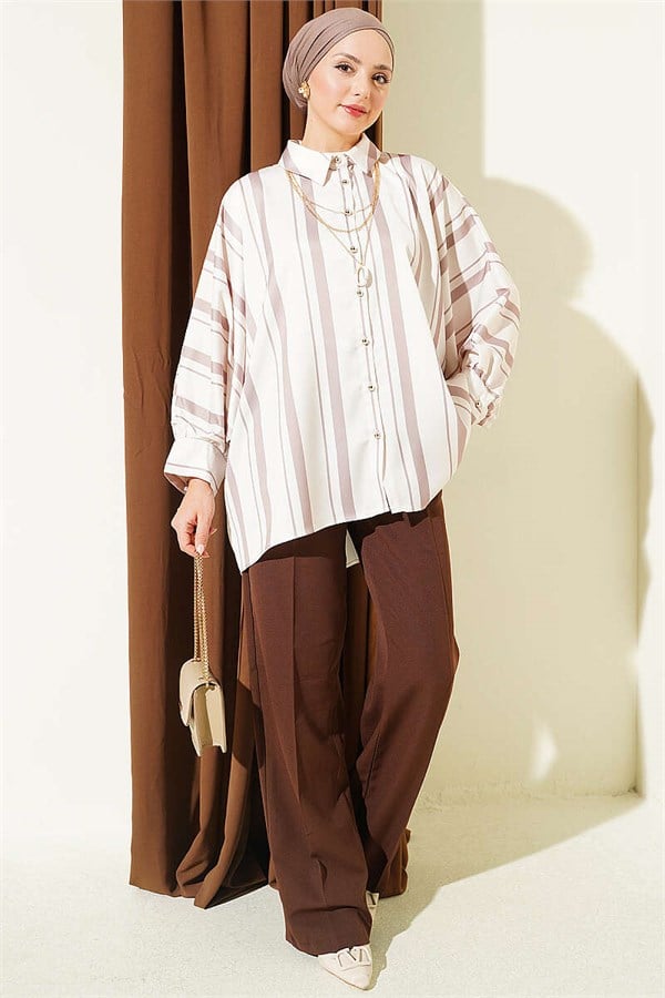 Batwing Sleeve Asymmetrical Striped Satin Shirt, Mink