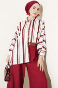 Batwing Sleeve Asymmetrical Striped Satin Shirt Burgundy