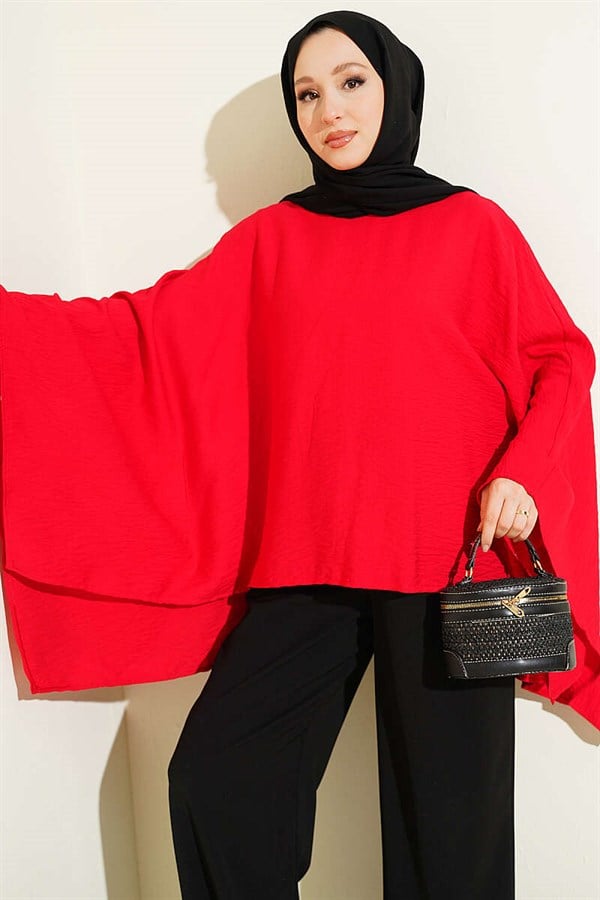 Batwing Sleeve Basic Blouse Red